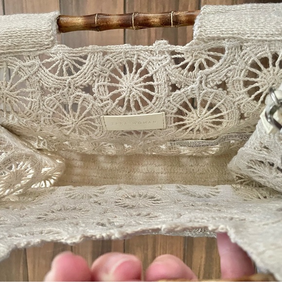 Zara Woman 100% bamboo macrame crochet messenger tote bag crossbody beige - Picture 9 of 11